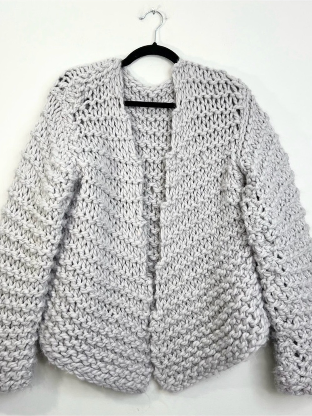 Hand made fuzzy statement sleeve grey open front chunky knit cardigan sweater